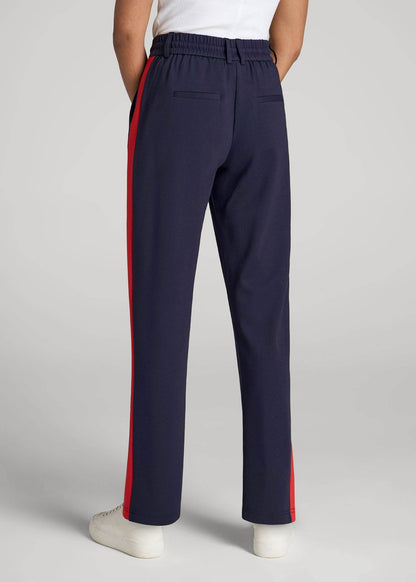 American Tall Women|Men Pull On Tuxedo Stripe Pants for Tall Women in True Navy and Radiant Red