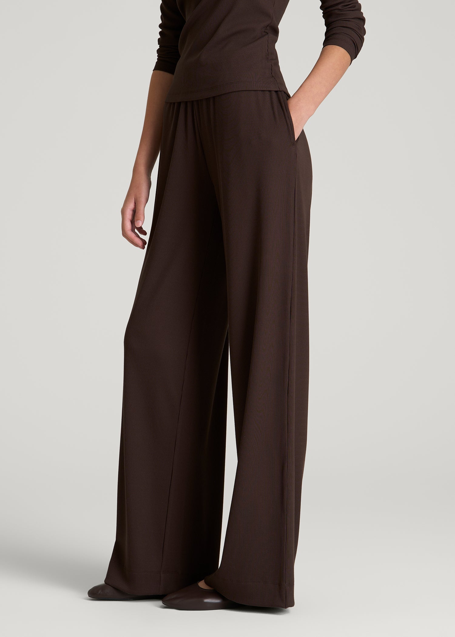 American Tall Women Ribbed Knit Wide Leg Pant for Tall Women in Espresso