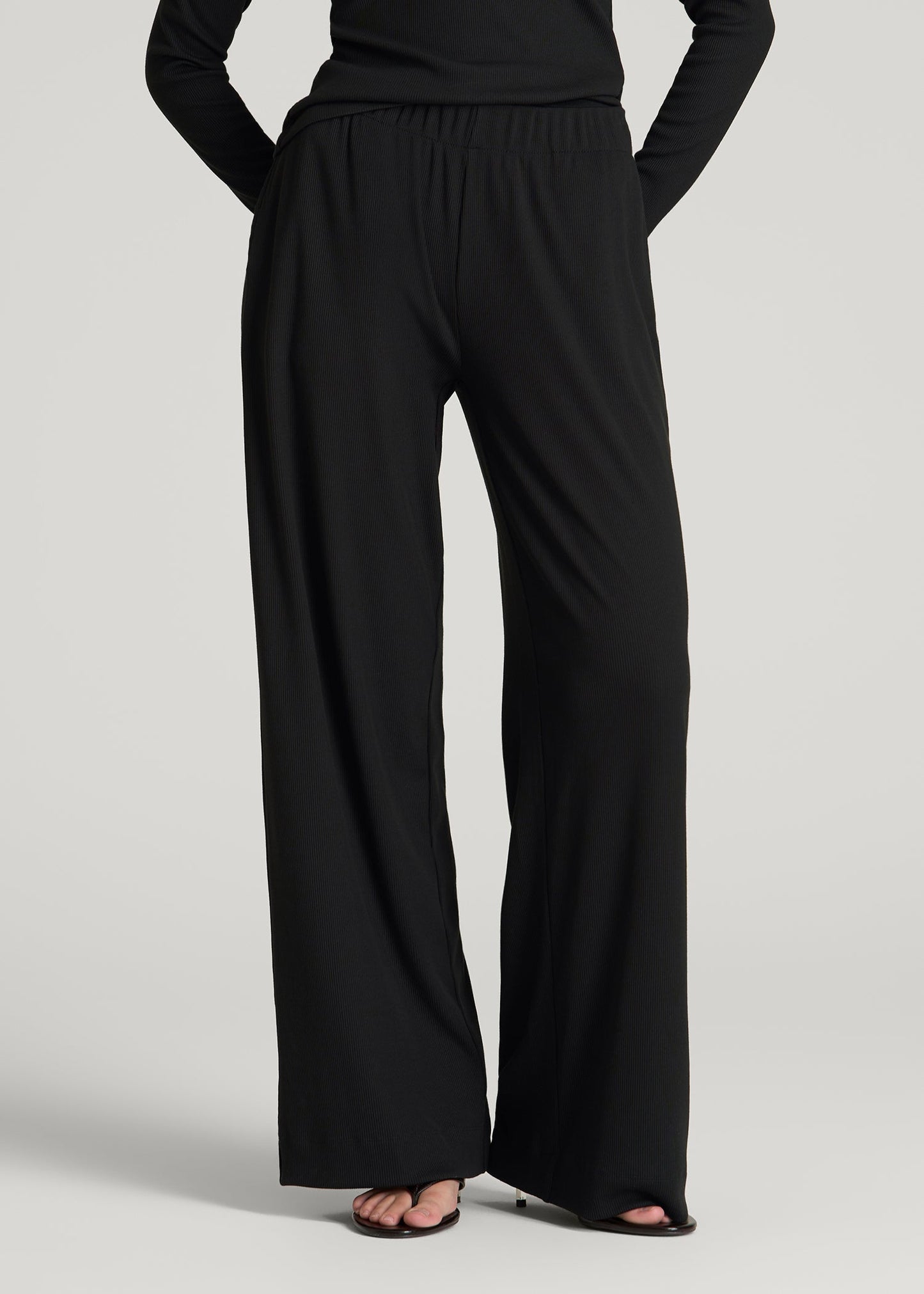 American Tall Women Ribbed Knit Wide Leg Pant for Tall Women in Deep Black