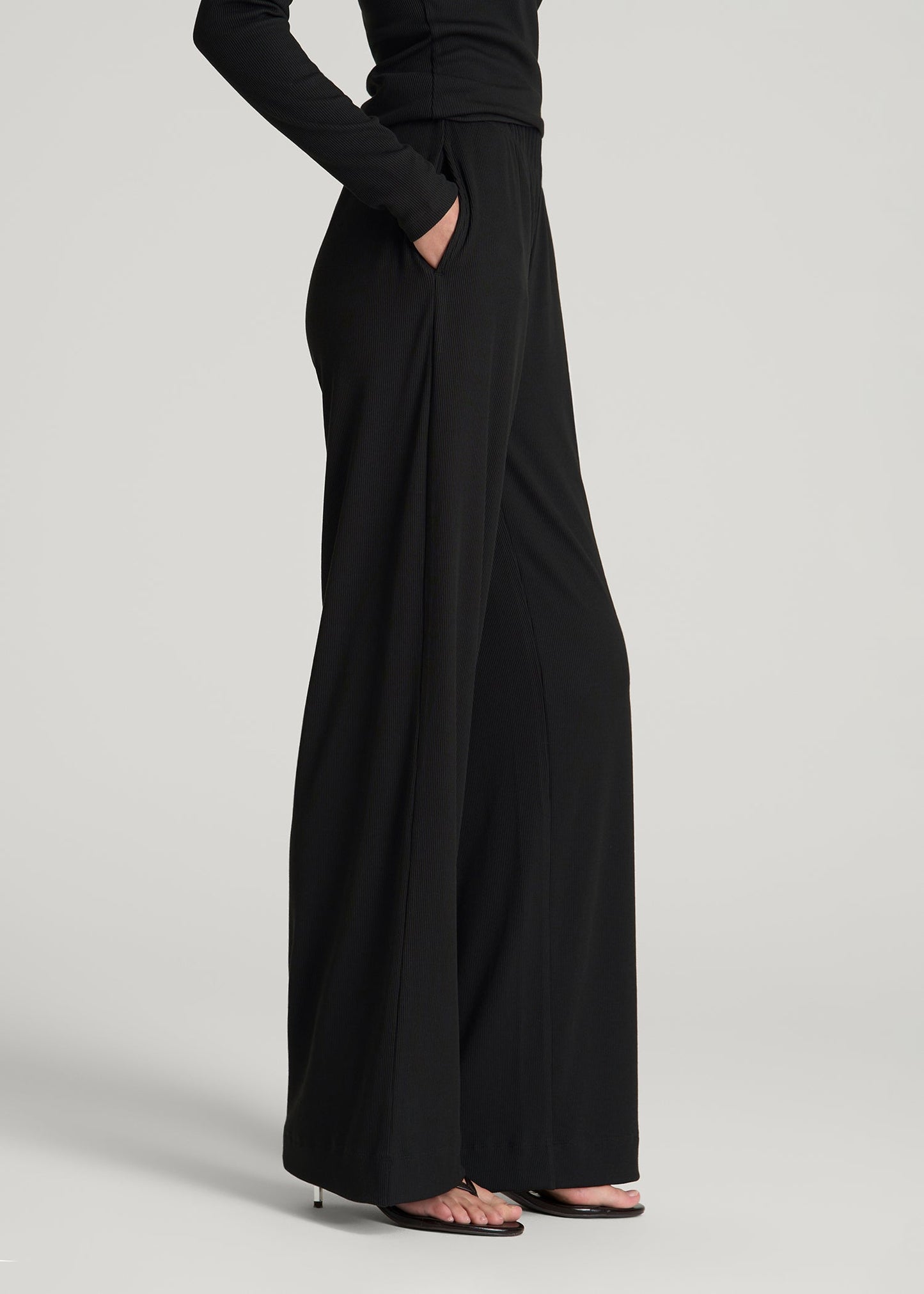 American Tall Women Ribbed Knit Wide Leg Pant for Tall Women in Deep Black