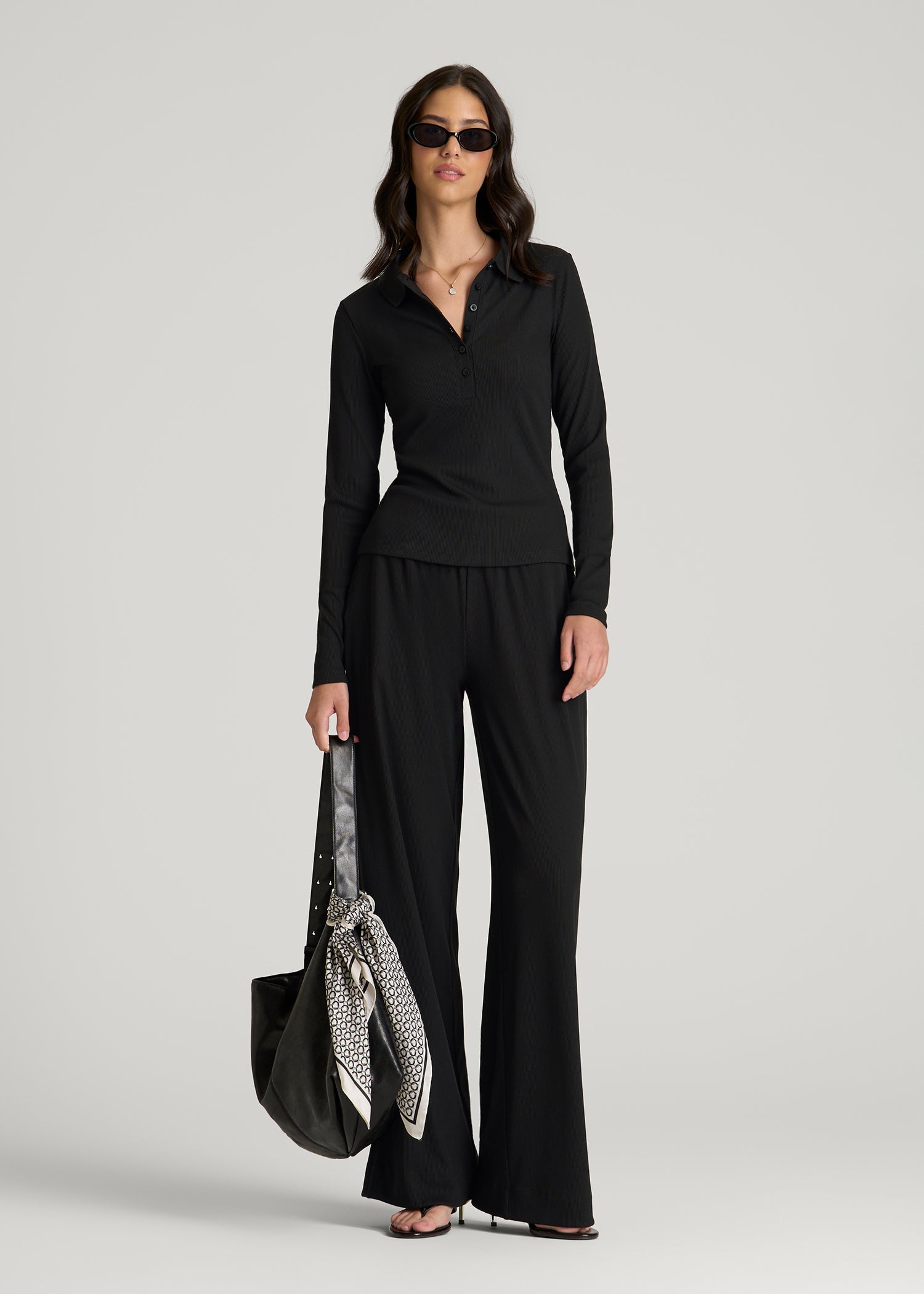 American Tall Women Ribbed Knit Wide Leg Pant for Tall Women in Deep Black