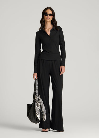 American Tall Women Ribbed Knit Wide Leg Pant for Tall Women in Deep Black