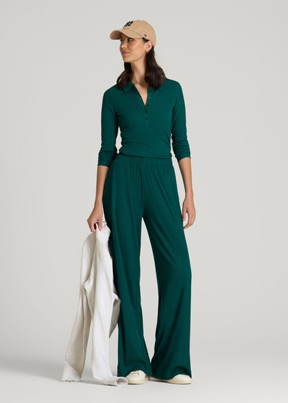 American Tall Women Ribbed Knit Wide Leg Pant for Tall Women in Deep Teal