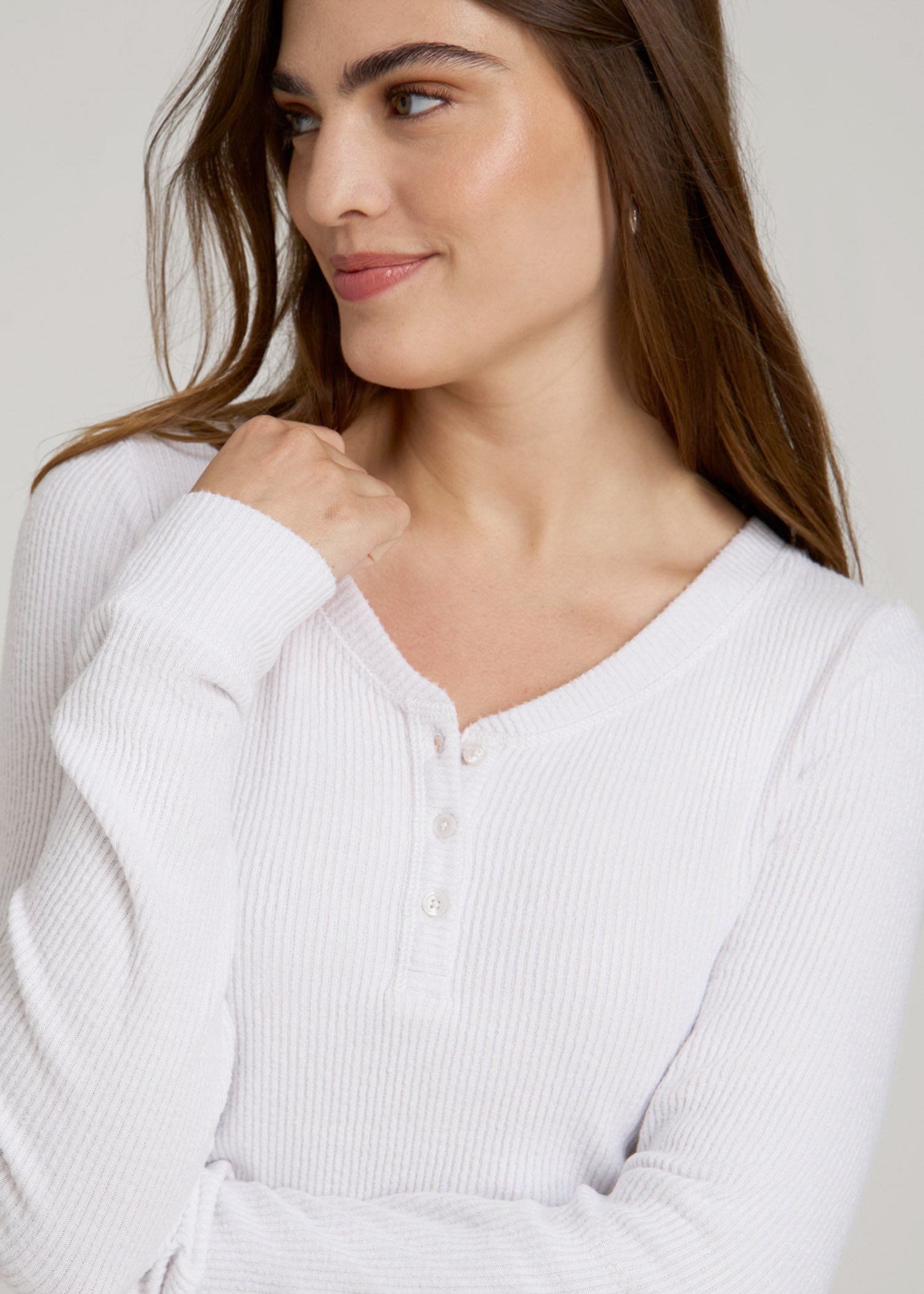 American Tall Women Ribbed Henley Lounge Top for Tall Women in Cloud White