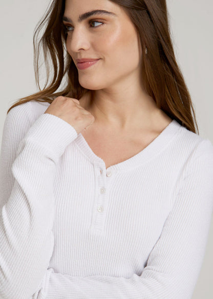 American Tall Women Ribbed Henley Lounge Top for Tall Women in Cloud White