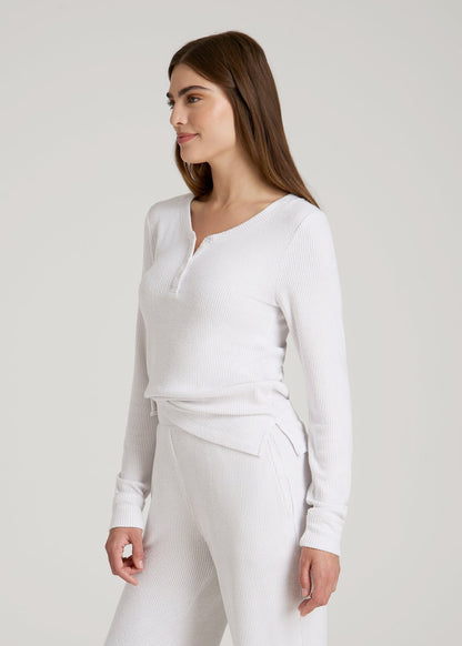 American Tall Women Ribbed Henley Lounge Top for Tall Women in Cloud White