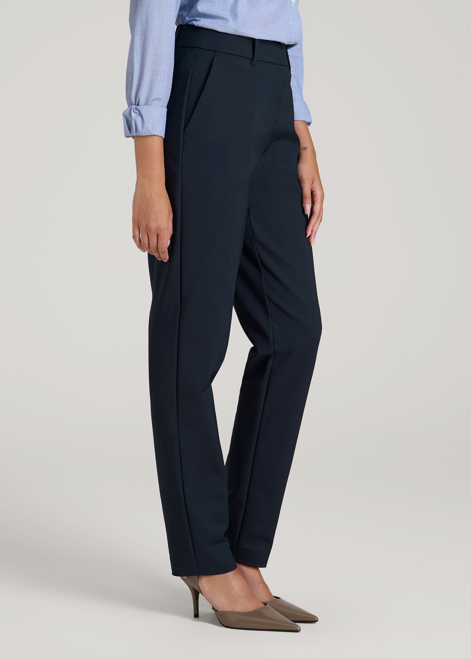 American Tall Women Flat Front Tapered Dress Pants for Tall Women in True Navy